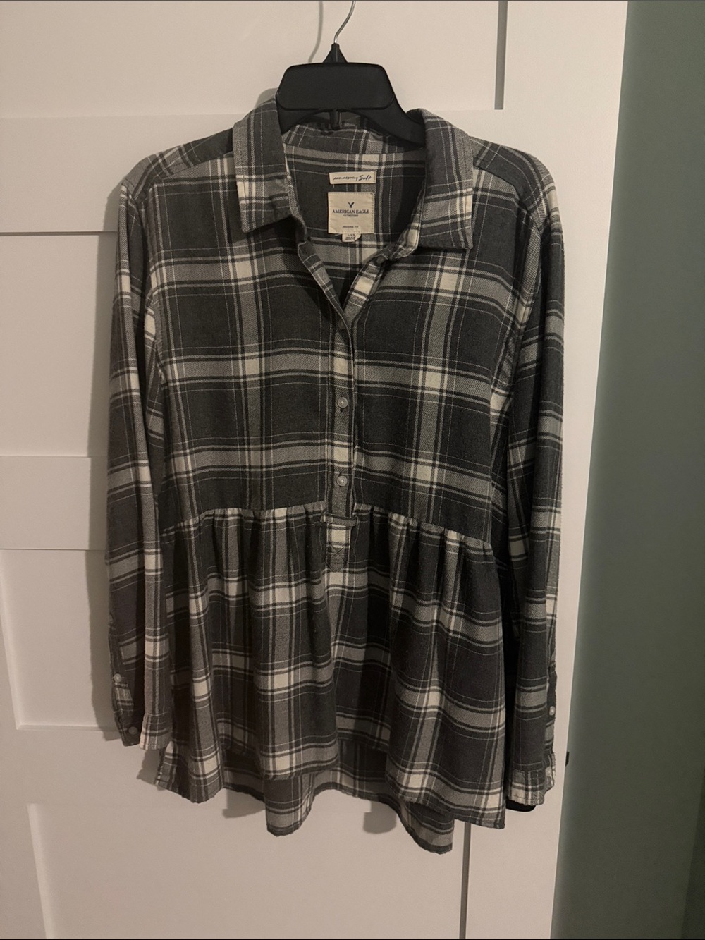 American Eagle Outfitters Gray and White Plaid Button-Front Peplum Tunic